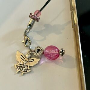 Silver Angel “Angels Watching Over  Me” with Pink Crystal Phone Charm